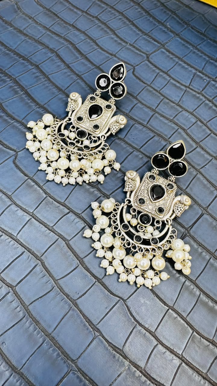 Oxidised Stone Earrings – Antique Ethnic Jhumkas
