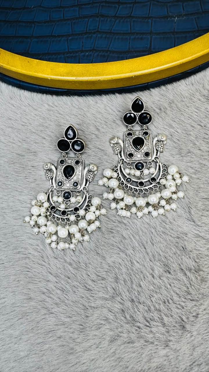 Oxidised Stone Earrings – Antique Ethnic Jhumkas