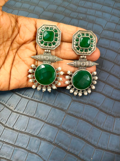 Oxidised Pink Round Drop Earrings – Antique Silver Statement Jhumkas