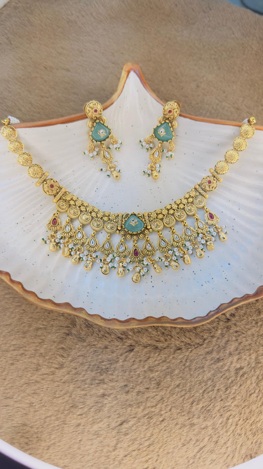 Hey Bae Regal Antique Gold Necklace Set with Mint Green Stones & Pearl Drops