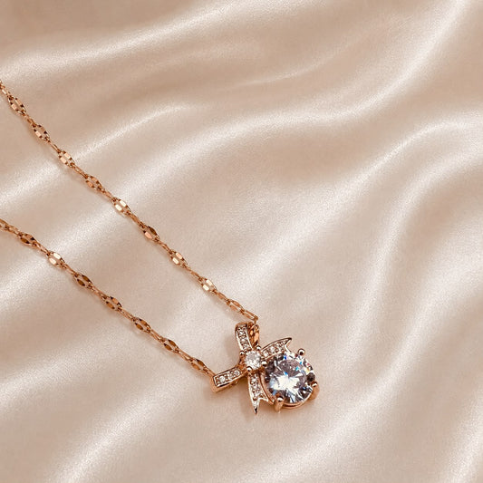 Bow Solitaire Pendant Necklace – Gold-Tone Crystal Pendant