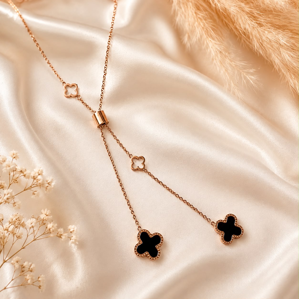 Clover Lariat Necklace – Black & Gold Four Leaf Charm Pendant