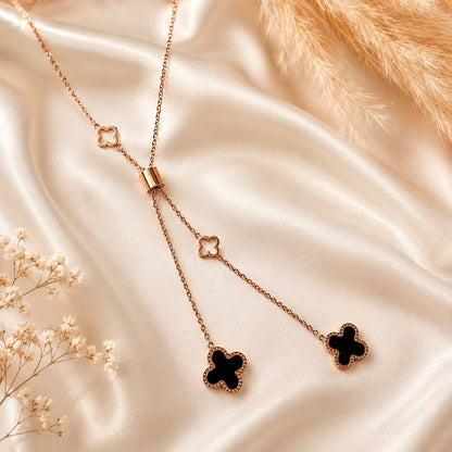 Clover Lariat Necklace – Black & Gold Four Leaf Charm Pendant