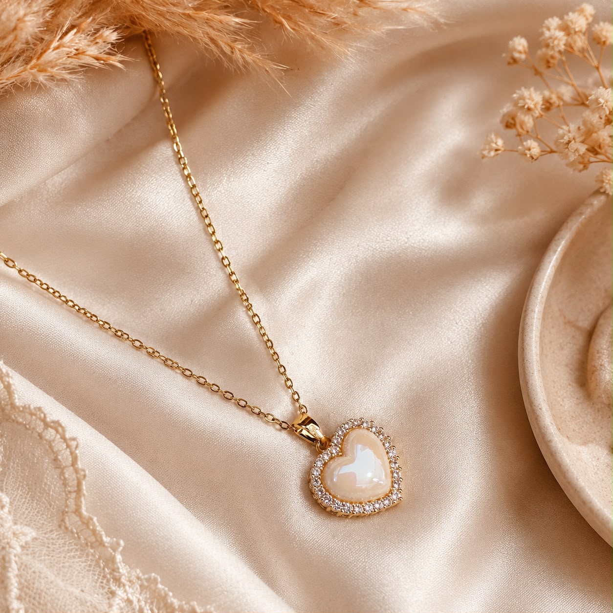 Heart Pendant Necklace – Dainty Gold Chain with Pearl Heart