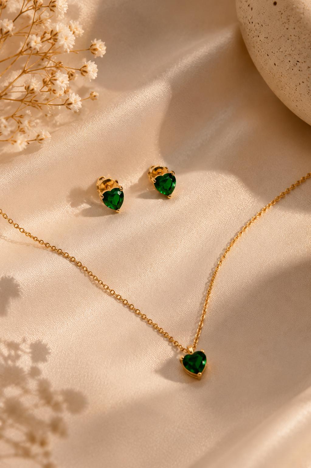 Hey Bae Emerald Green Heart Pendant Set with Earrings – Gold Plated Minimal Daily Wear Jewelry