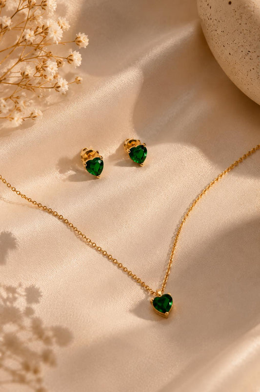 Hey Bae Emerald Green Heart Pendant Set with Earrings – Gold Plated Minimal Daily Wear Jewelry