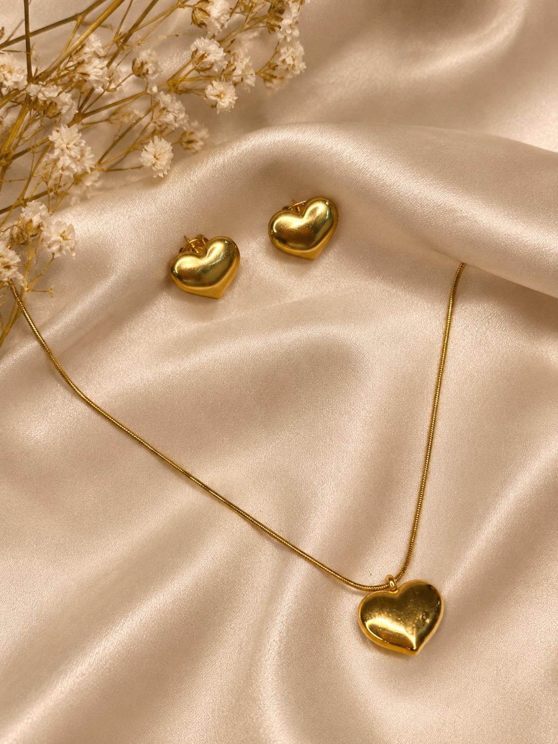Hey Bae Heart Gold Plated Pendant Set with Earrings – Minimal Romantic Daily Wear Jewelry