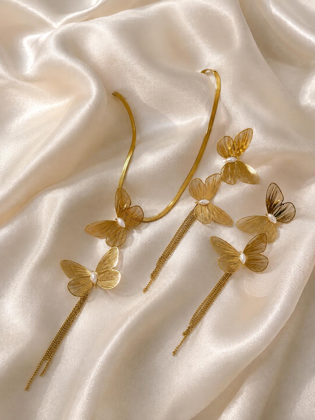 Golden Butterfly Filigree Necklace Earrings Set