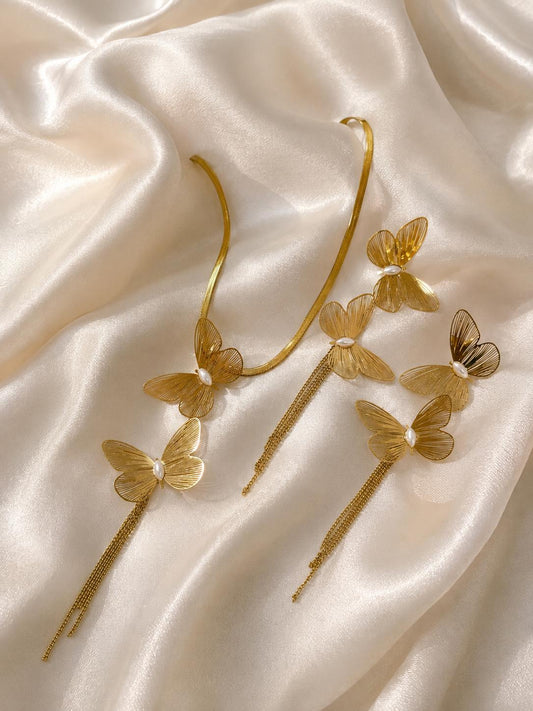 Golden Butterfly Filigree Necklace Earrings Set