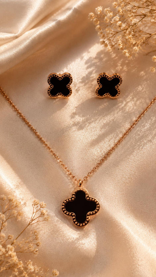 Black Clover Pendant Necklace Set – Earrings & Pendant Combo for Women