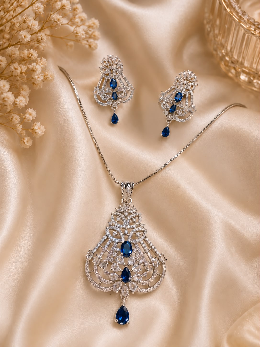 Hey Bae American Diamond Necklace Set with Blue Stones for Ethnic Wear – Best Karwa Chauth Gift for Wife