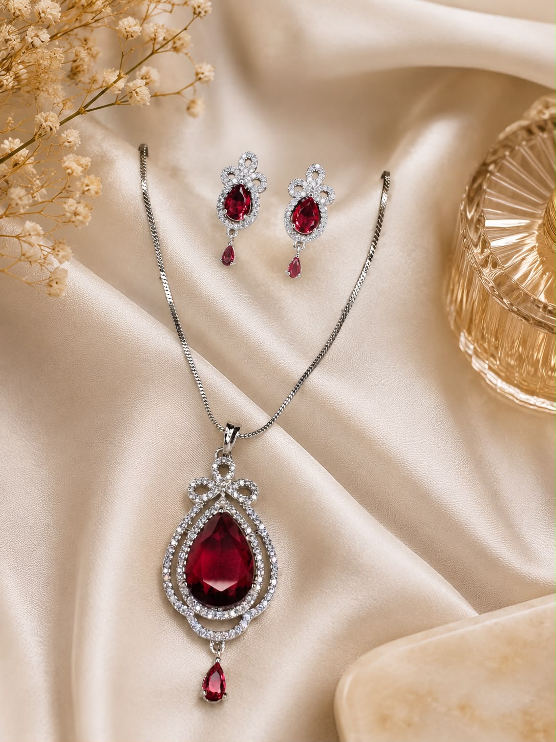 Red Teardrop Stone Necklace & Earrings Set – Crystal Silver Jewelry