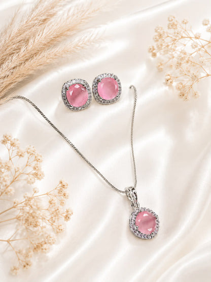 HeyBae AD Round Pendant Set with Pink Stone & Earrings