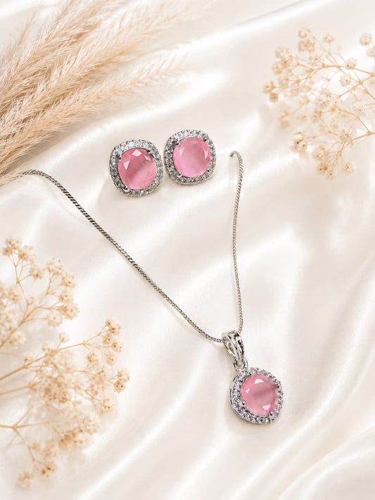 HeyBae AD Round Pendant Set with Pink Stone & Earrings