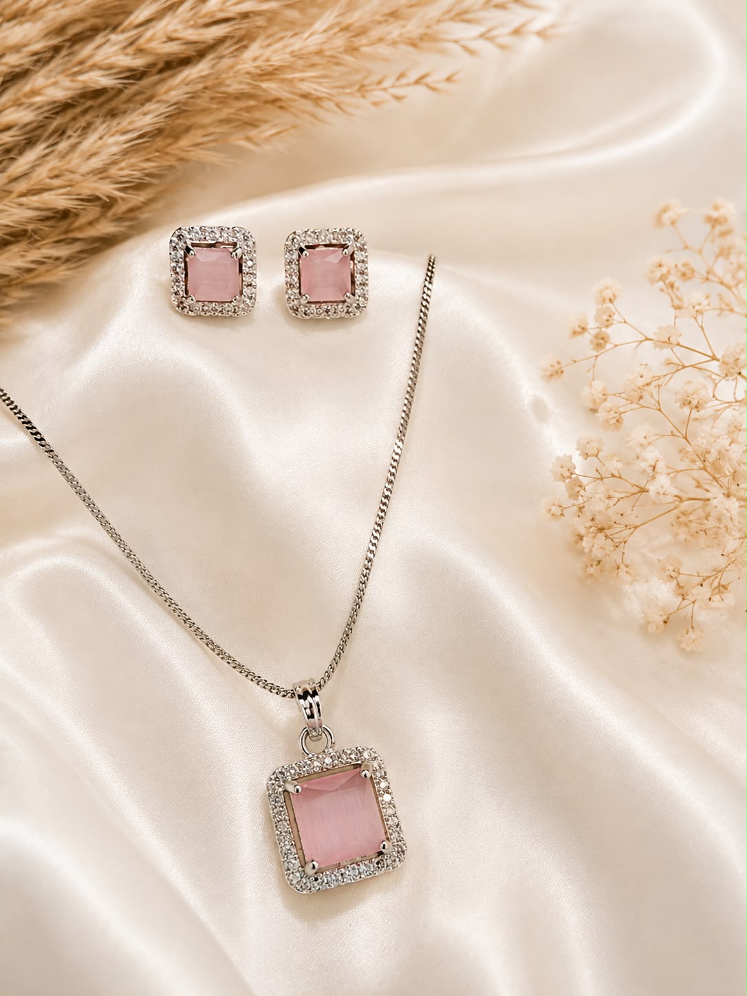Pink Square Stone Necklace & Earrings Set – Crystal Halo Jewelry