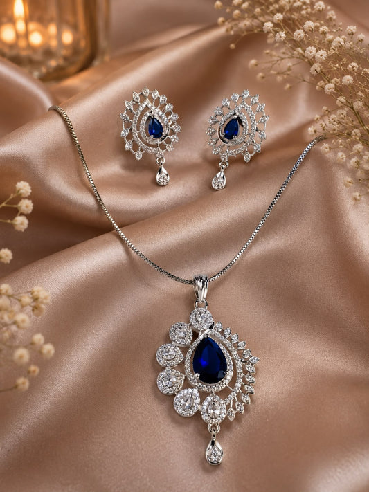 HeyBae AD Necklace Set with Blue Stones – Silver Plated