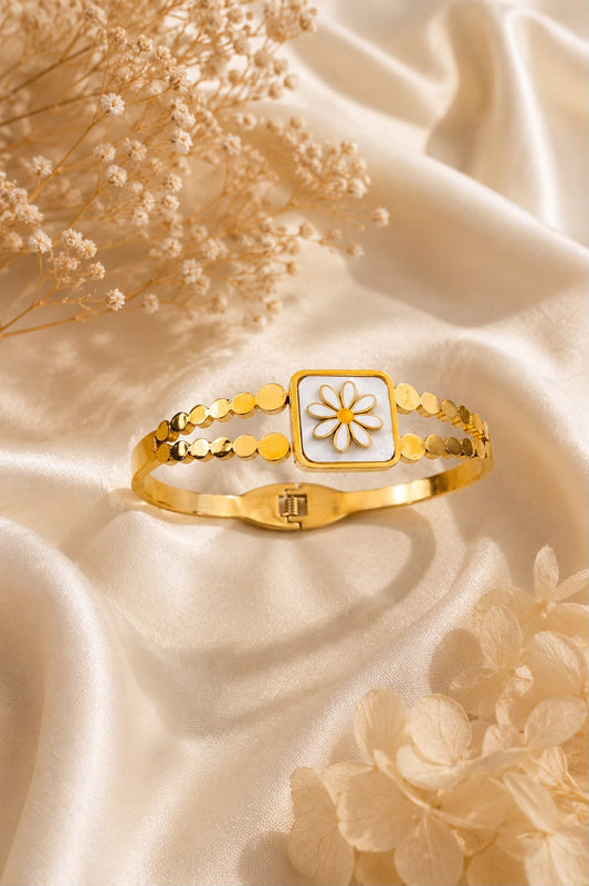 Mother of Pearl Floral Bracelet for Women – Minimal Ethnic Adjustable Kada Style Bracelet