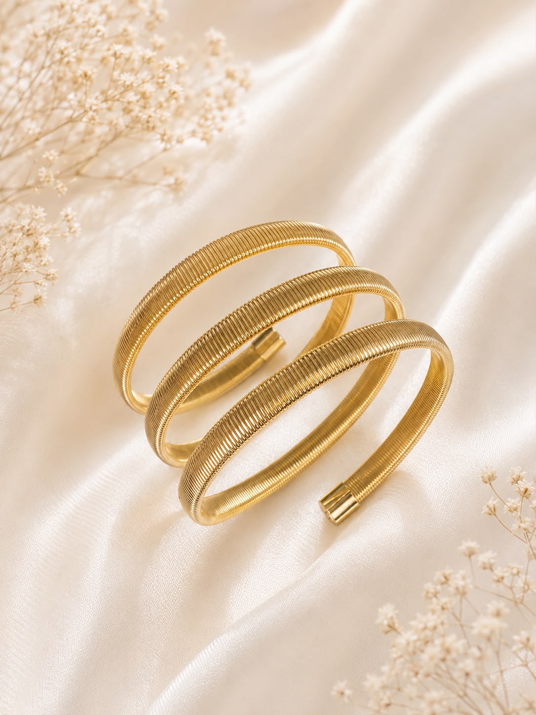 Triple Coil Chunky Stack Stretchable Gold Bracelet for Women, Spiral Kada Women and Girls