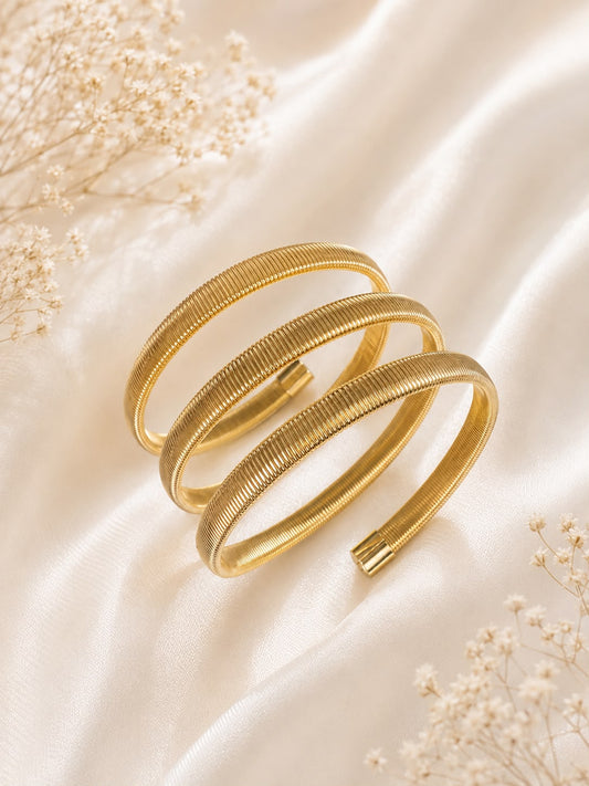 Triple Coil Chunky Stack Stretchable Gold Bracelet for Women, Spiral Kada Women and Girls