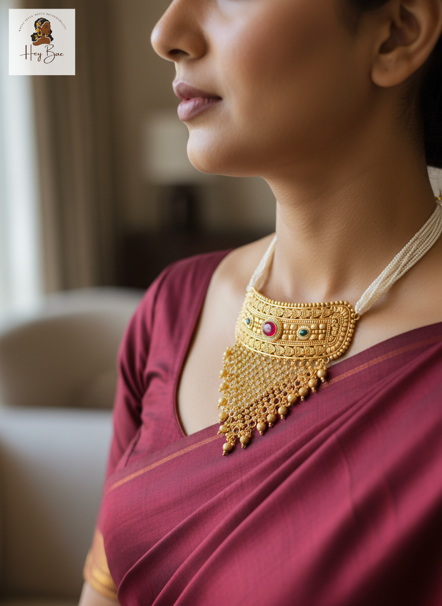 Woman wearing antique gold choker necklace on silk saree styling inspiration.