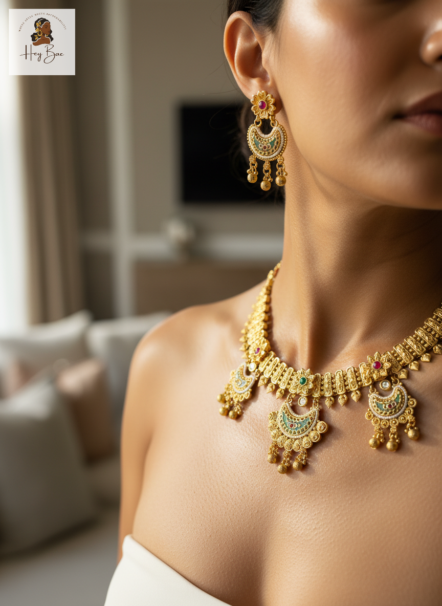 Woman wearing gold jewelry with gemstones in a blurred indoor setting