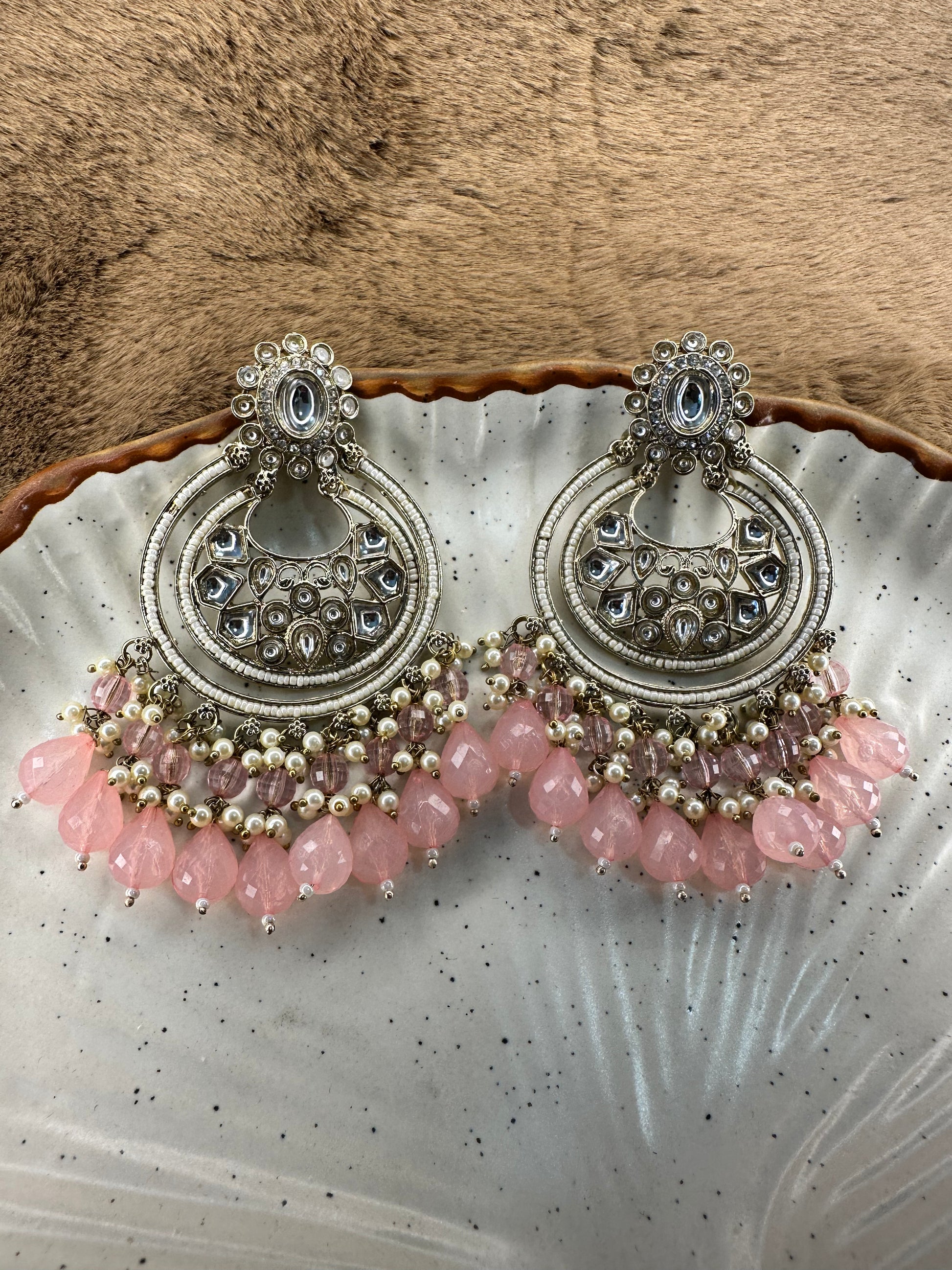 Antique Silver Pink Ethnic Earrings by HeyBae