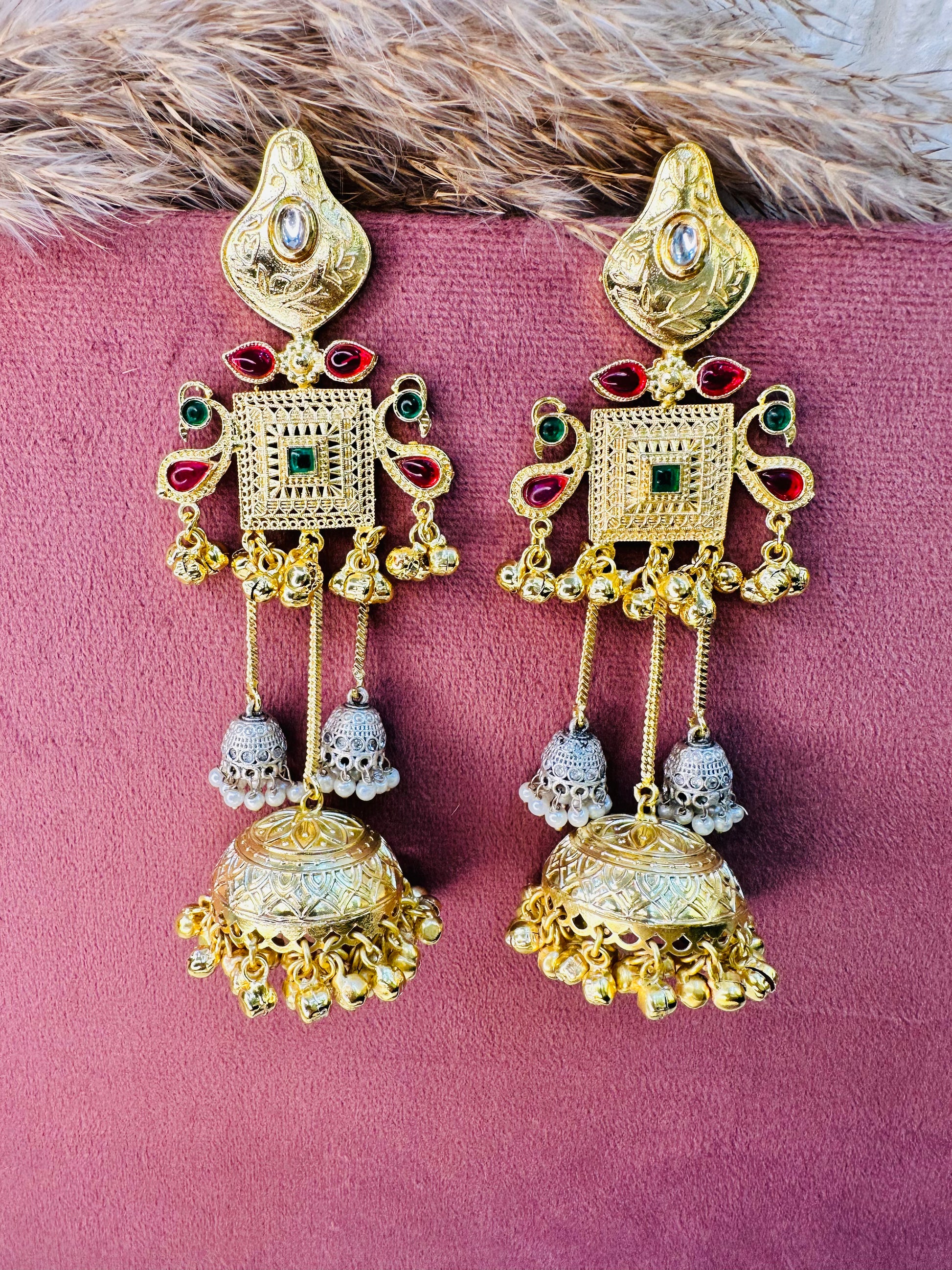 Brass Antique Gold Floral Stone Earrings for Women