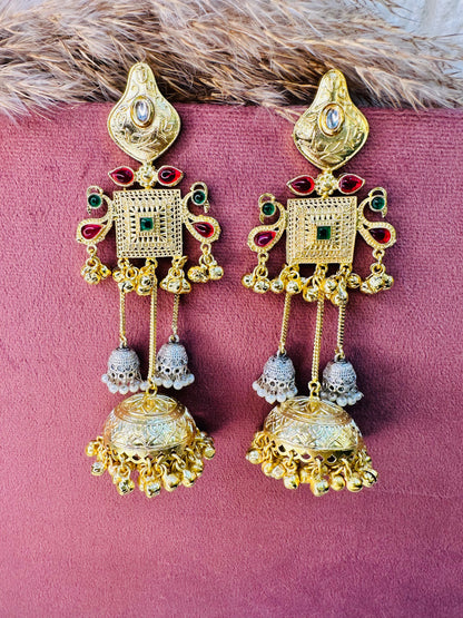 Brass Antique Gold Floral Stone Earrings for Women