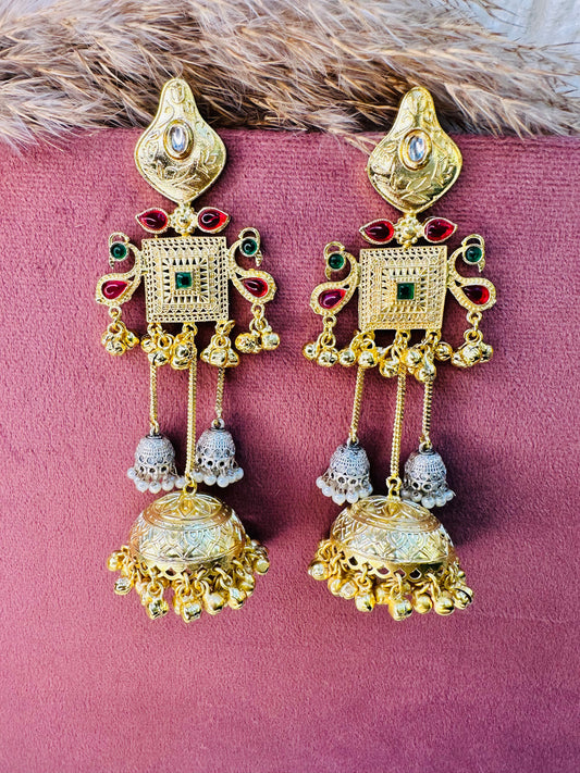 Brass Antique Gold Floral Stone Earrings for Women
