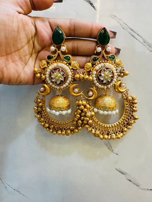Brass Antique Gold Stone Chandelier Earrings for Women
