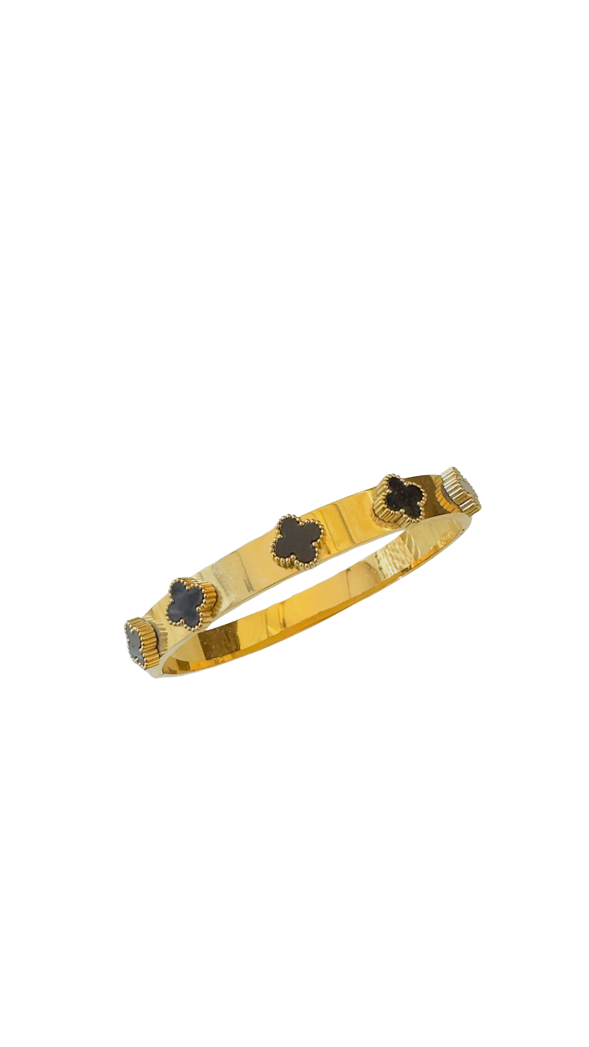 Gold bracelet with black clover-shaped clasps on a white background