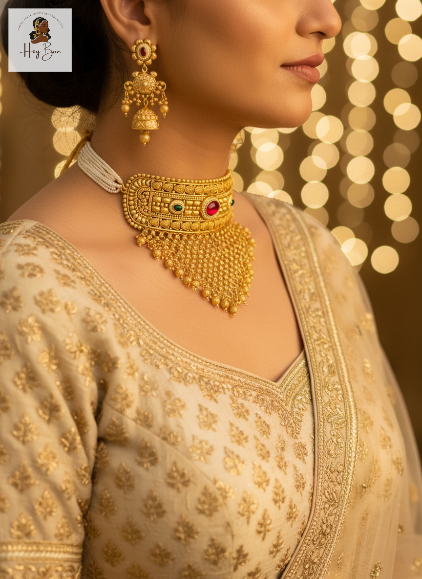 Model wearing traditional gold choker set with festive ethnic wear.