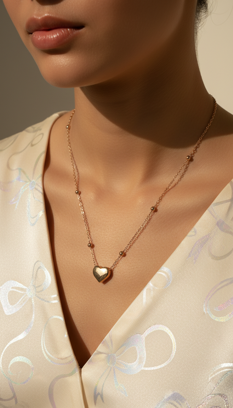 Close-up of a person wearing a gold necklace with a heart pendant.