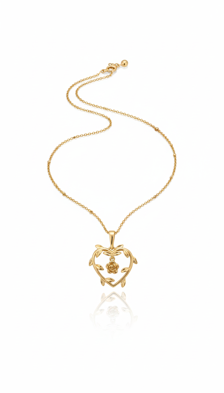 Gold necklace with a heart-shaped pendant on a white background