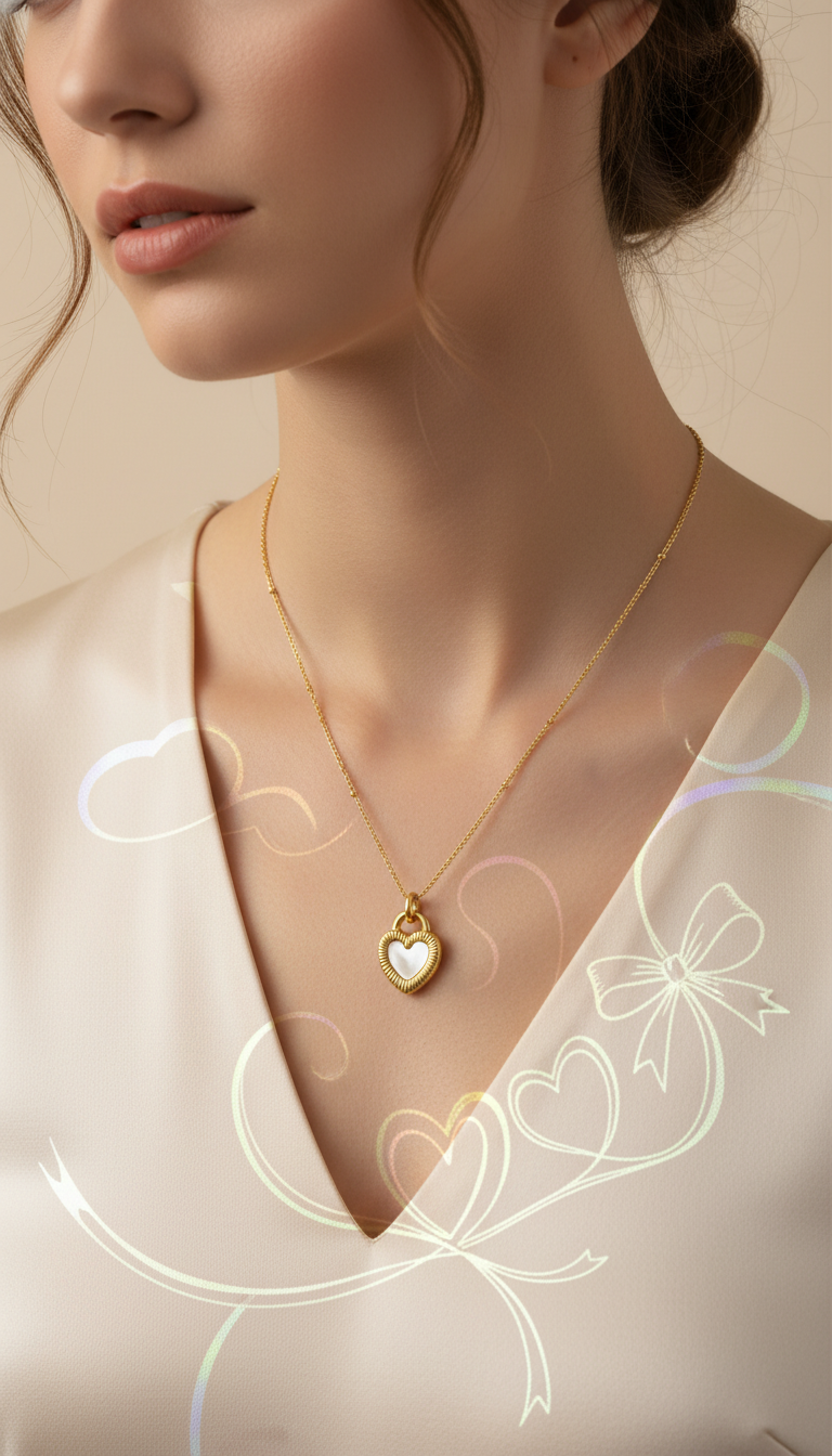 Gold necklace with a heart pendant on a model against a soft beige background