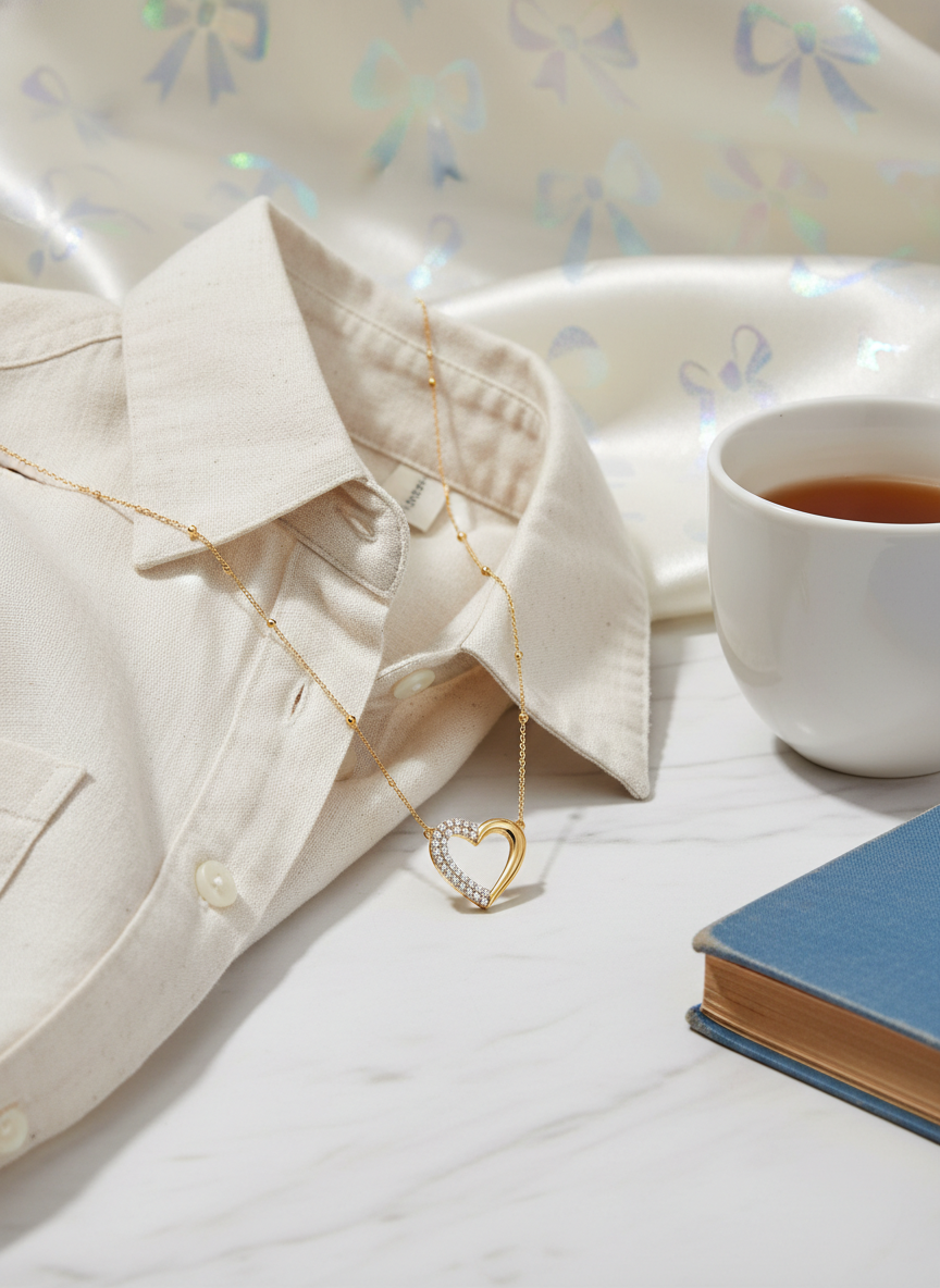 Necklace with a heart pendant on a white shirt next to a cup of tea and a book.