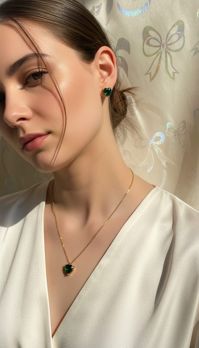 Woman wearing a heart  pendant and earrings with a decorative background