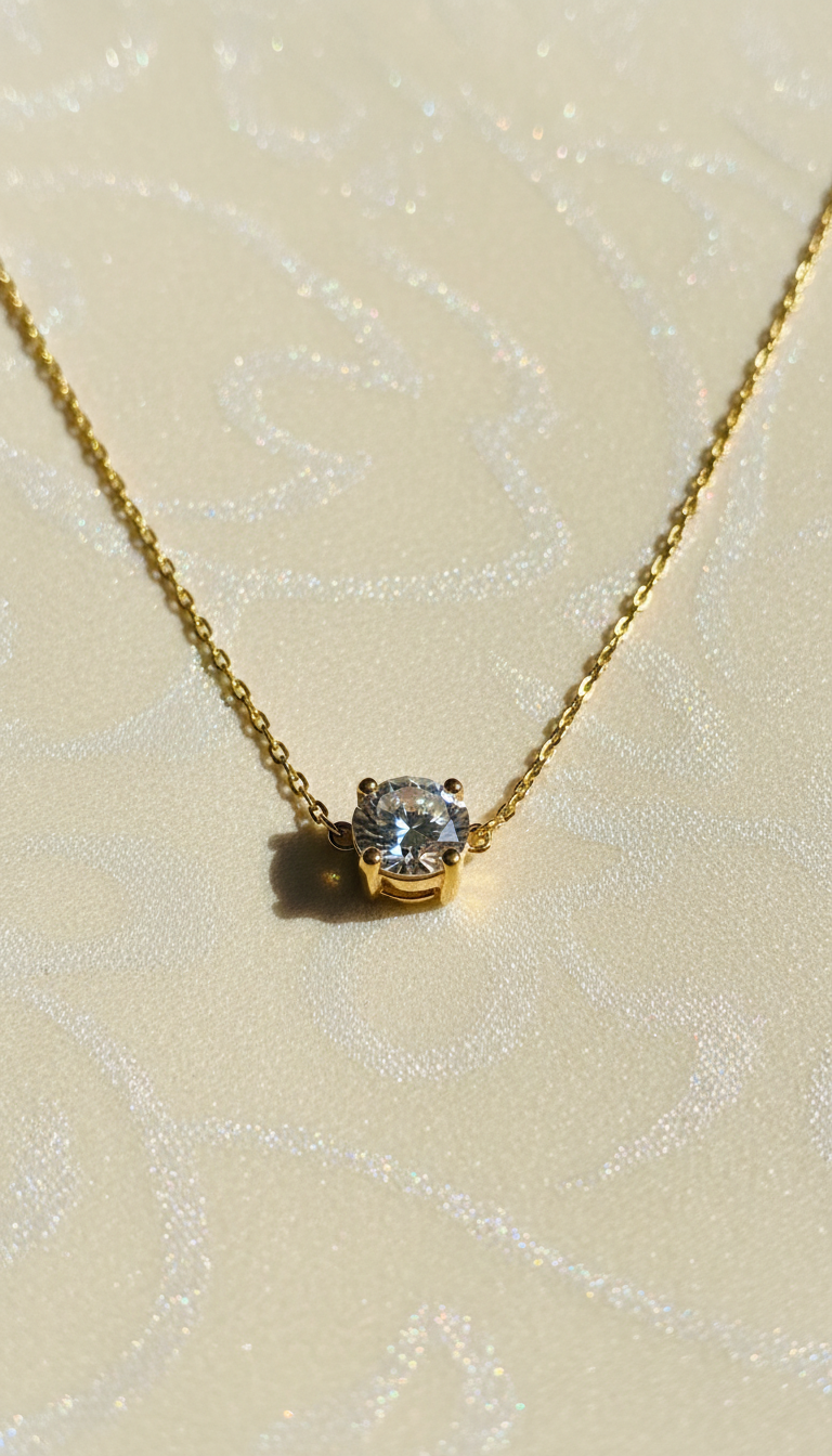 Gold necklace with a diamond pendant on a beige background