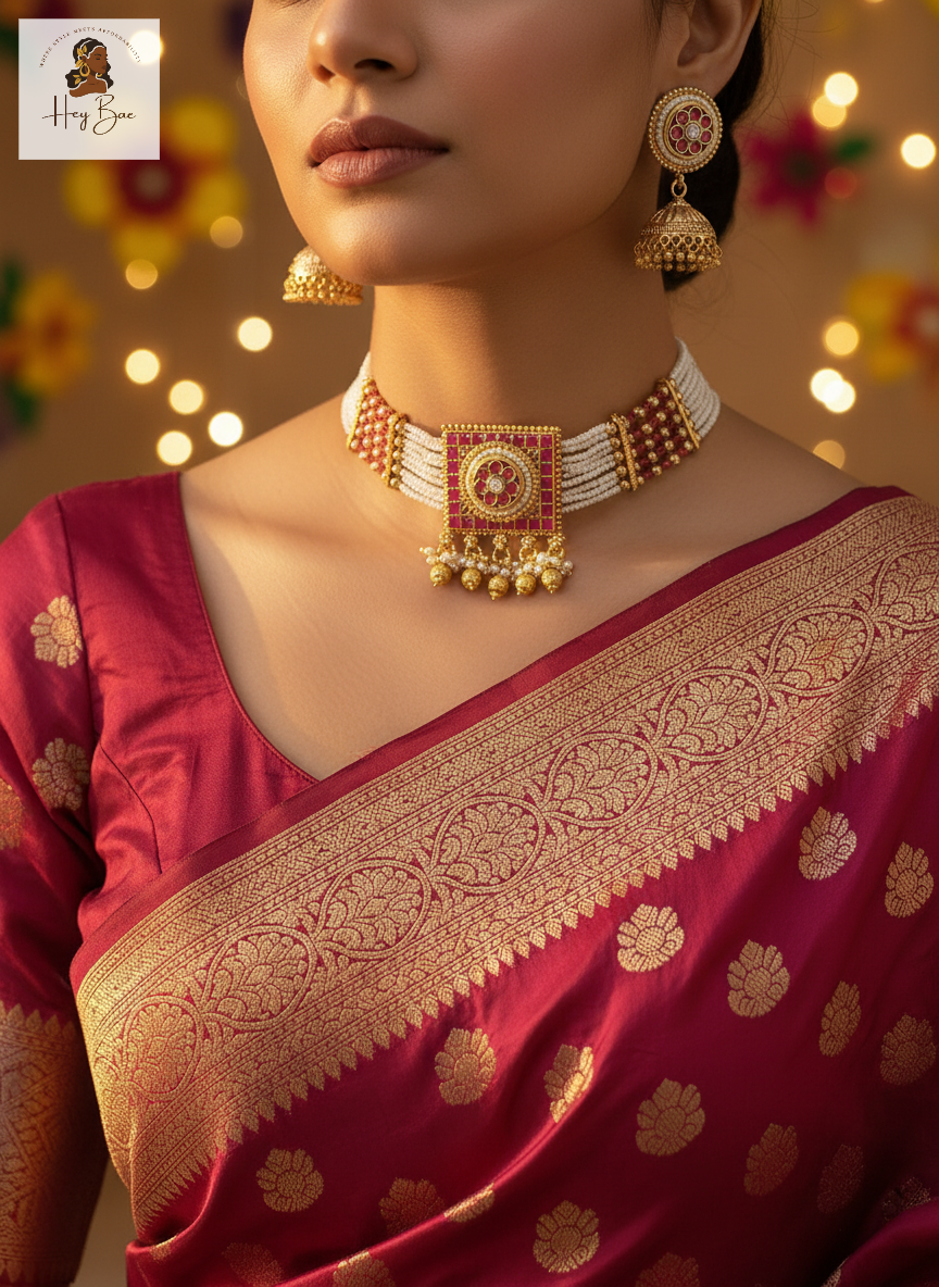 Woman wearing a hey bae Royal Ruby Pearl Choker Set with Jhumkas - Gold Plated against a warm background