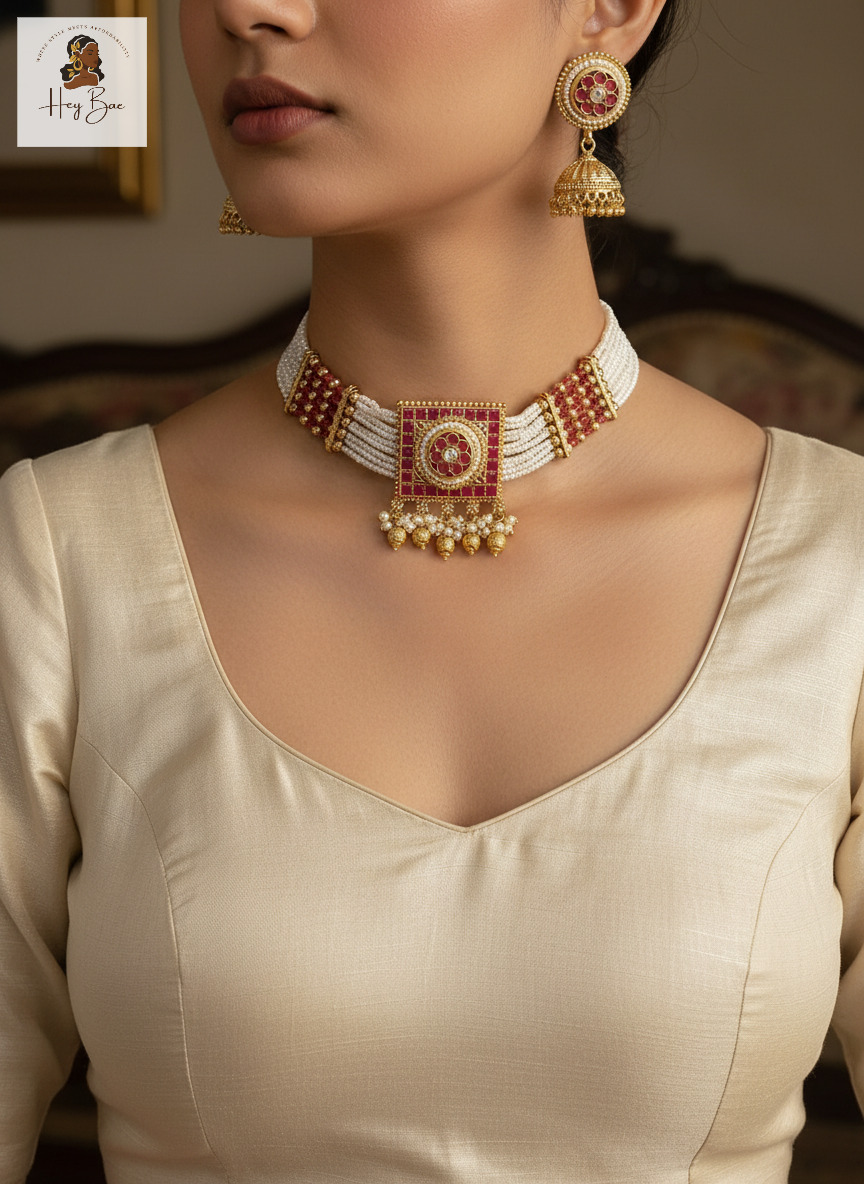 Close-up of a person wearing a hey bae Royal Ruby Pearl Choker Set with Jhumkas - Gold Plated a blurred background