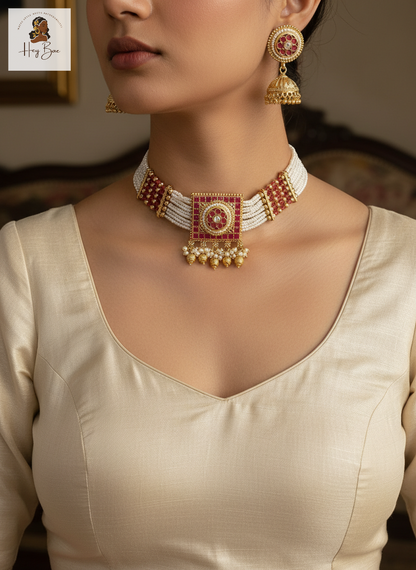 Close-up of a person wearing a hey bae Royal Ruby Pearl Choker Set with Jhumkas - Gold Plated a blurred background