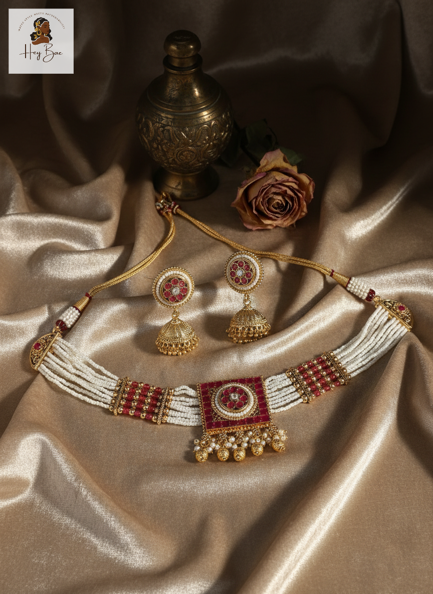 hey bae Royal Ruby Pearl Choker Set with Jhumkas - Gold Platedon a satin surface