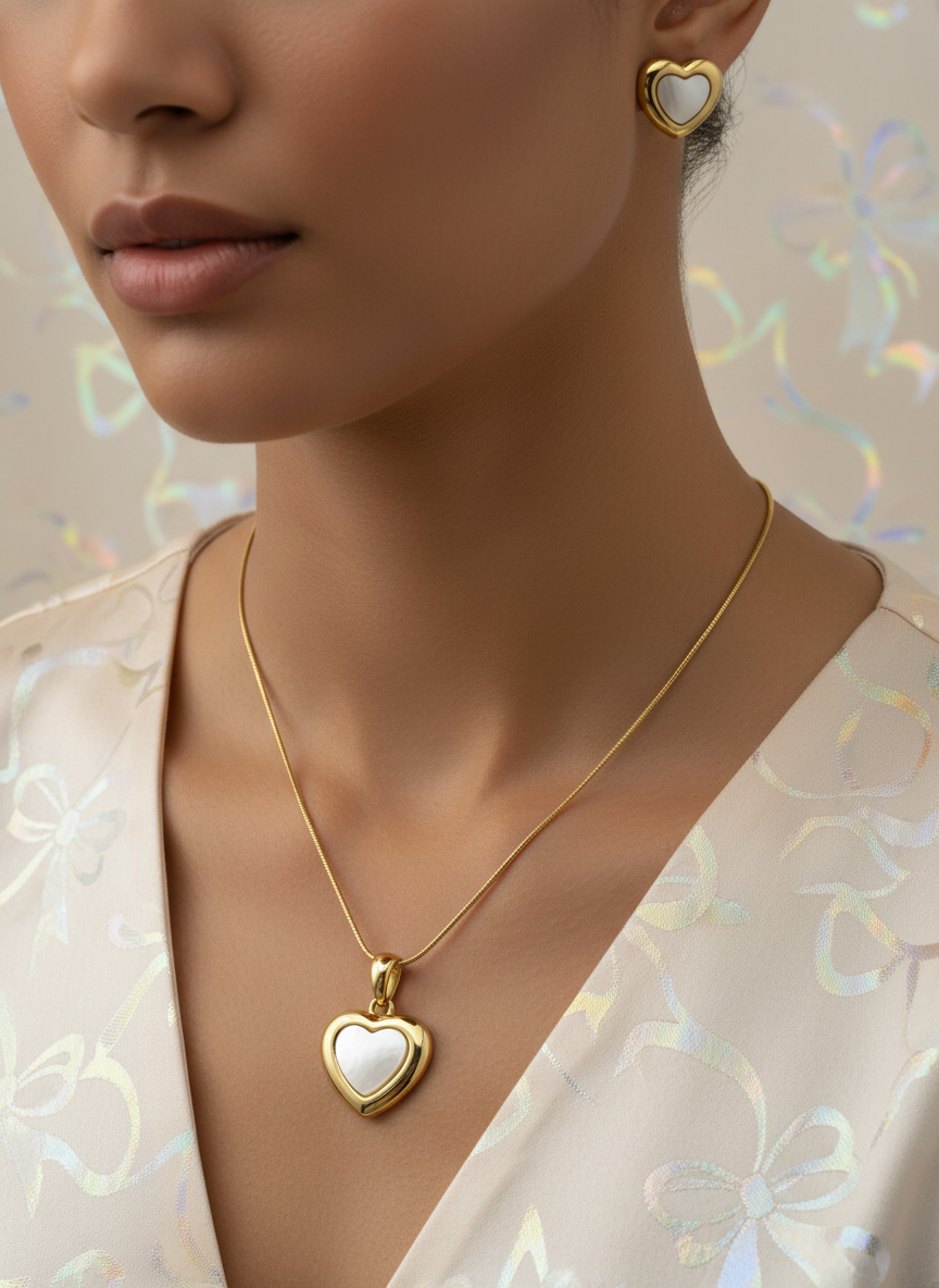 Gold heart-shaped necklace and earrings on a model with a neutral background