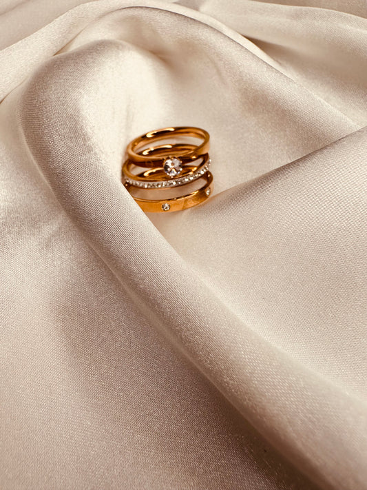 HeyBae 3 Stack Rings Combo in rose gold stainless steel – band and solitaire adjustable rings