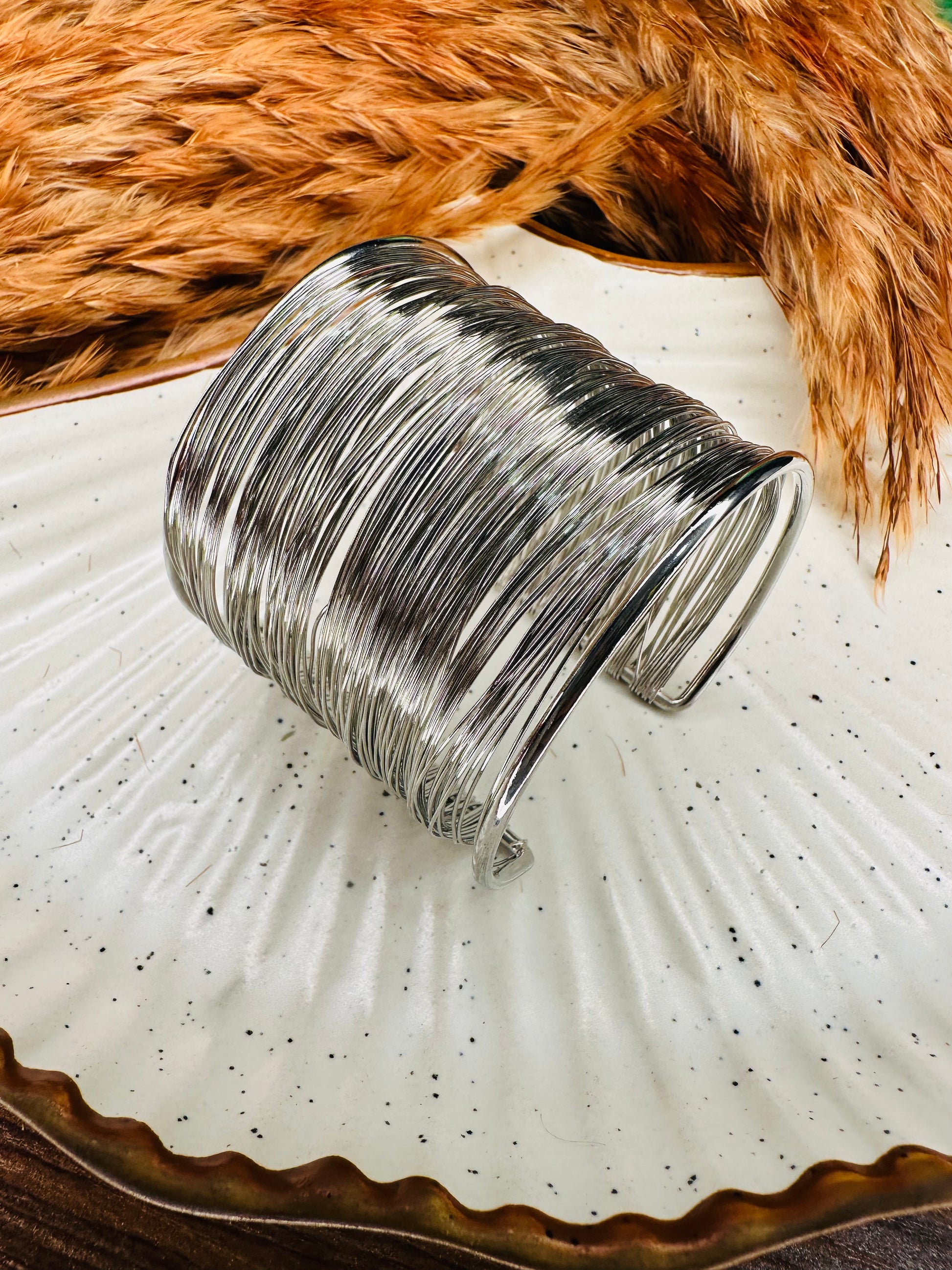 Silver cuff bracelet set – front view of stackable ethnic bangles