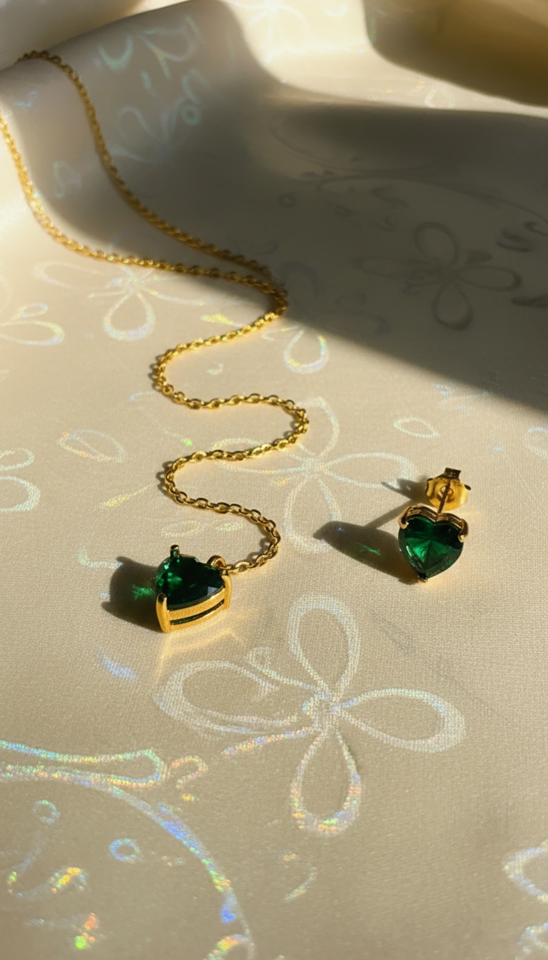 Gold pendant and earrings with green gemstones on a textured surface