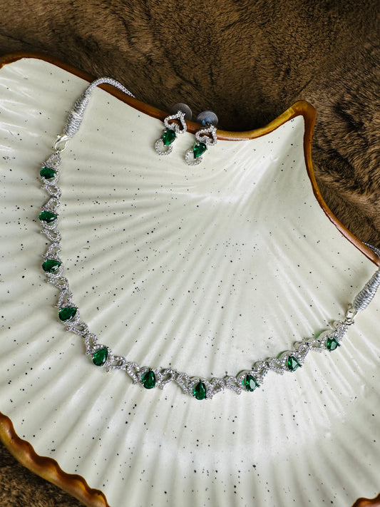 Close-up Detailing of HeyBae AD Necklace & Earrings with Clear Diamond Finish