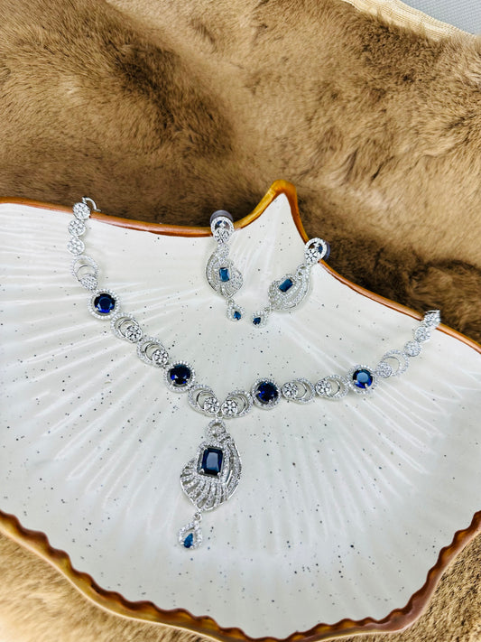 Front Display of HeyBae American Diamond Necklace & Earrings Set in Sapphire Blue and Emerald Green