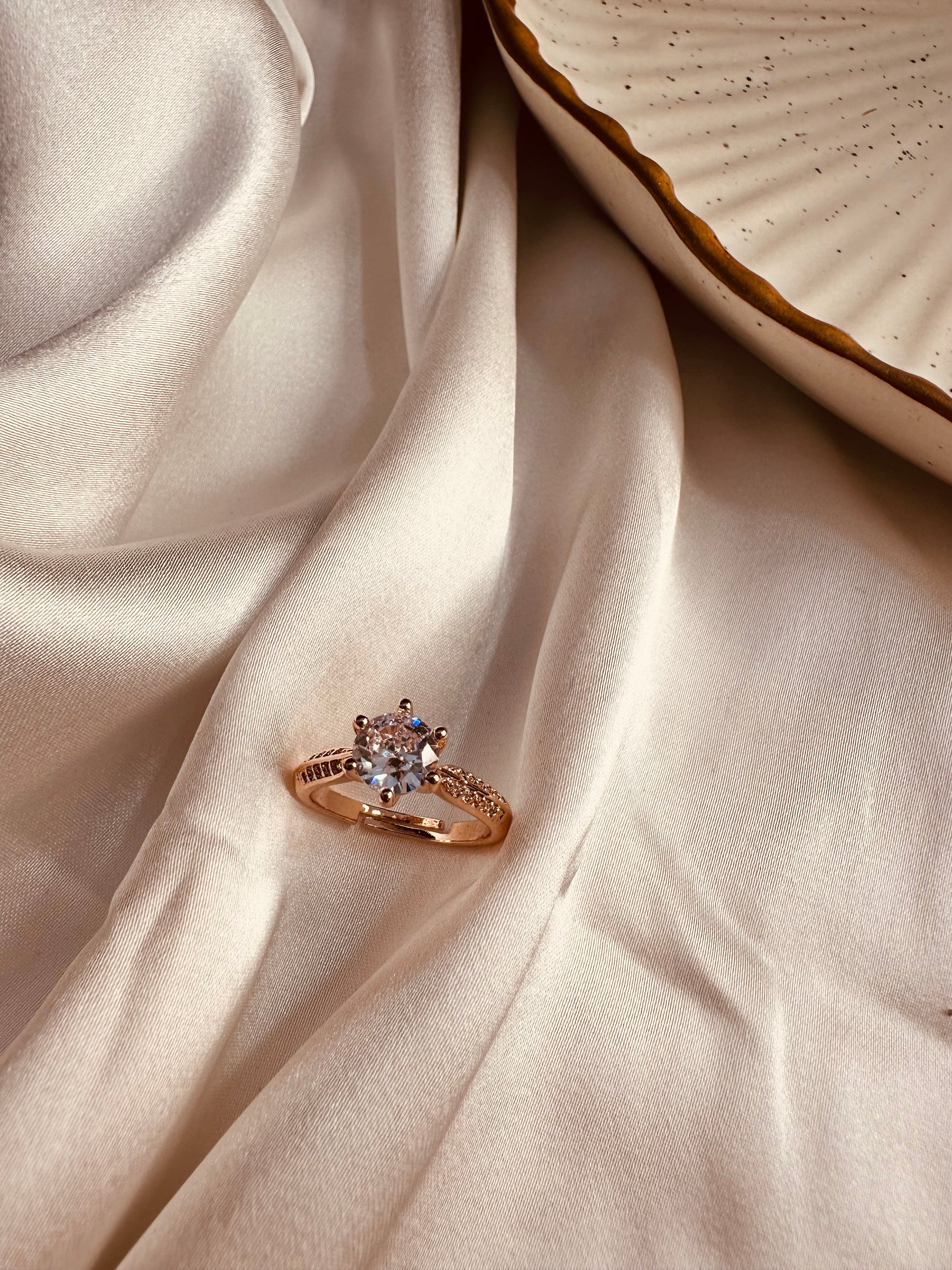 HeyBae Adjustable Solitaire Ring styled on hand – gold, rose gold & silver AD ring
