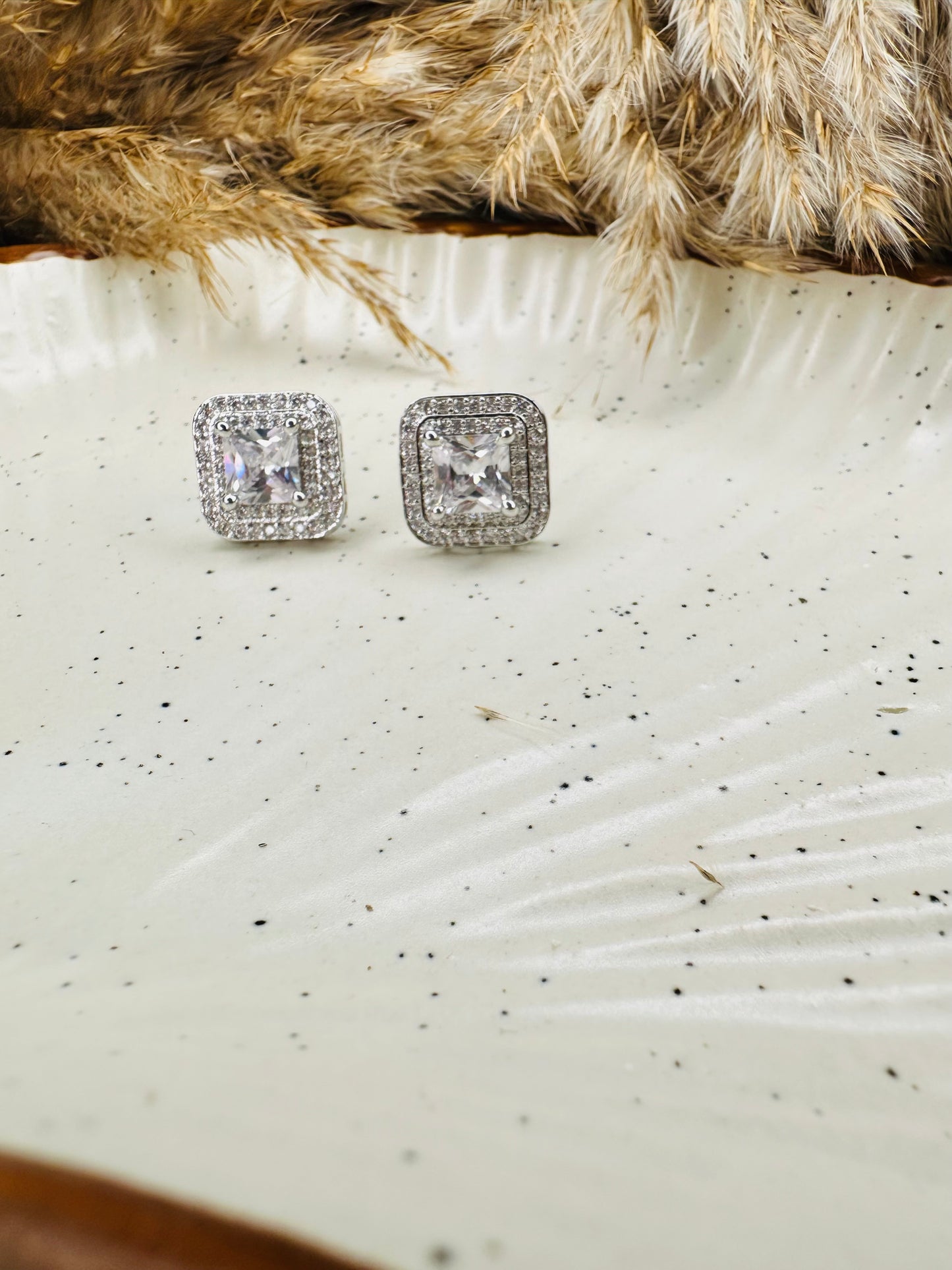 Front view of HeyBae AD Stud Square Crystal Earrings